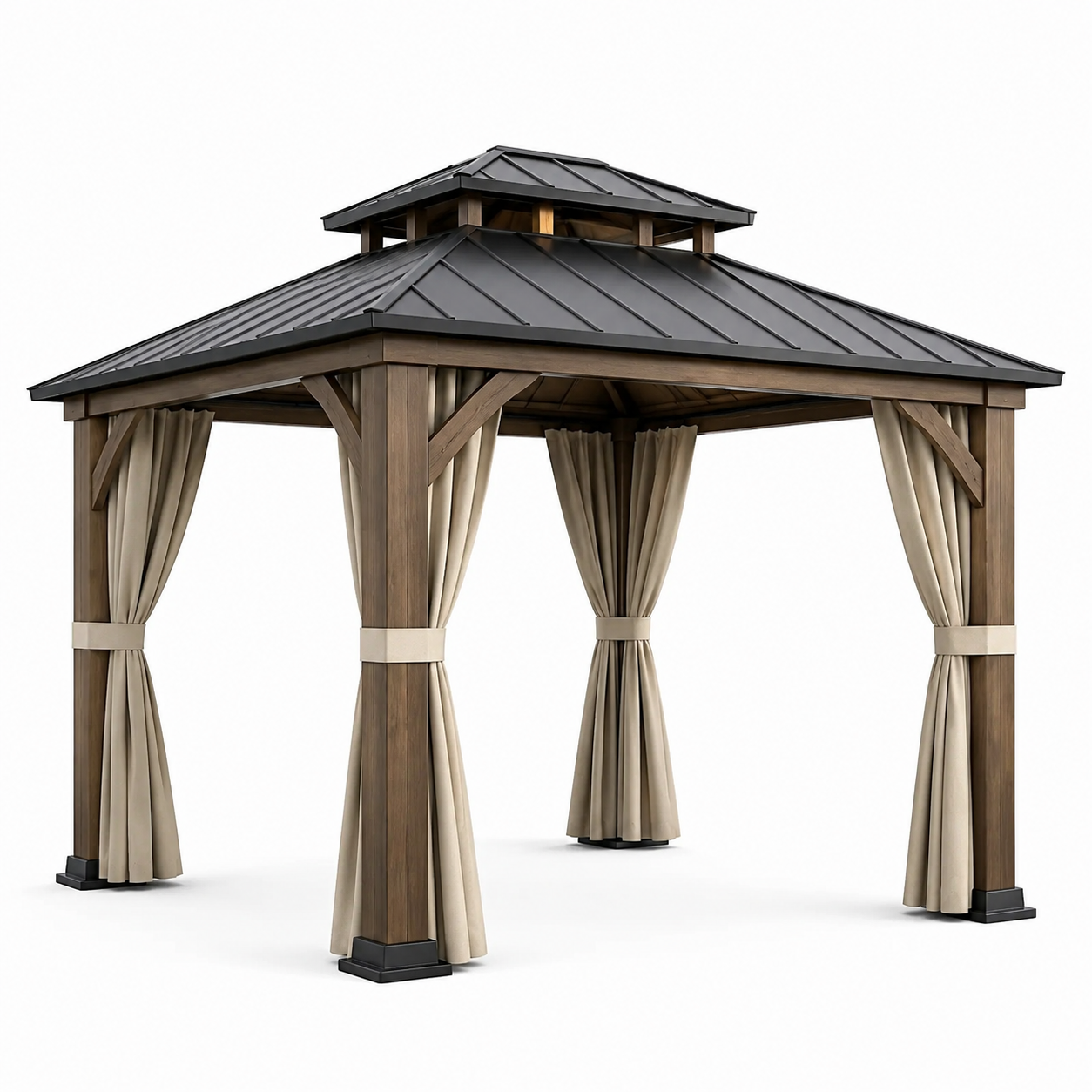 Holzpavillon mit Metalldach und Vorhängen, 300 x 300 x 290 cm, Braun/Anthrazit/Beige