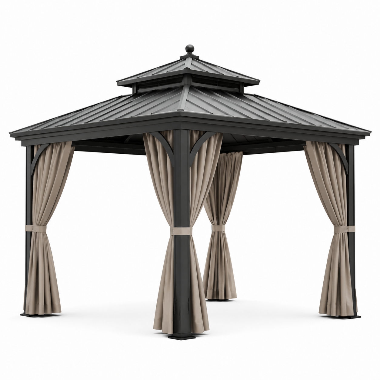 Gartenpavillon 300 x 300 x 280 cm, Schwarz/Beige, mit festem Doppeldach und Vorhängen