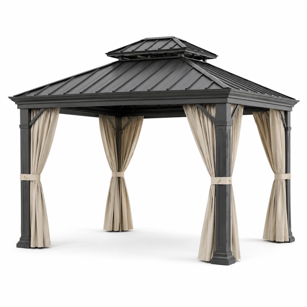 Gartenpavillon mit festem Doppeldach und Seitenvorhängen, 360 x 300 x 290 cm, Anthrazit/Beige