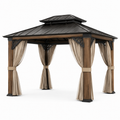 Gartenpavillon 488 x 365 x 310 cm aus Holz und Metall mit festem Dach und Vorhängen, Braun/Schwarz/Beige