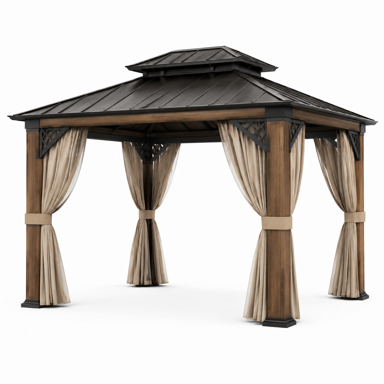 Gartenpavillon 488 x 365 x 310 cm aus Holz und Metall mit festem Dach und Vorhängen, Braun/Schwarz/Beige