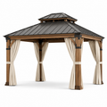 Gartenpavillon aus Holz und Metall mit Hartdach und Vorhängen, 400 x 300 x 320 cm, Braun/Anthrazit/Creme