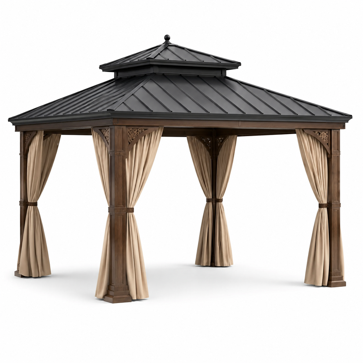 Gartenpavillon aus Holz mit Metalldach und Vorhängen, Braun/Anthrazit/Beige, 400 x 300 x 290 cm