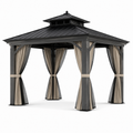Metall-Gartenpavillon 300 x 300 x 280 cm in Anthrazit mit festem Dach, beigen Vorhängen und schwarzen Moskitonetzen
