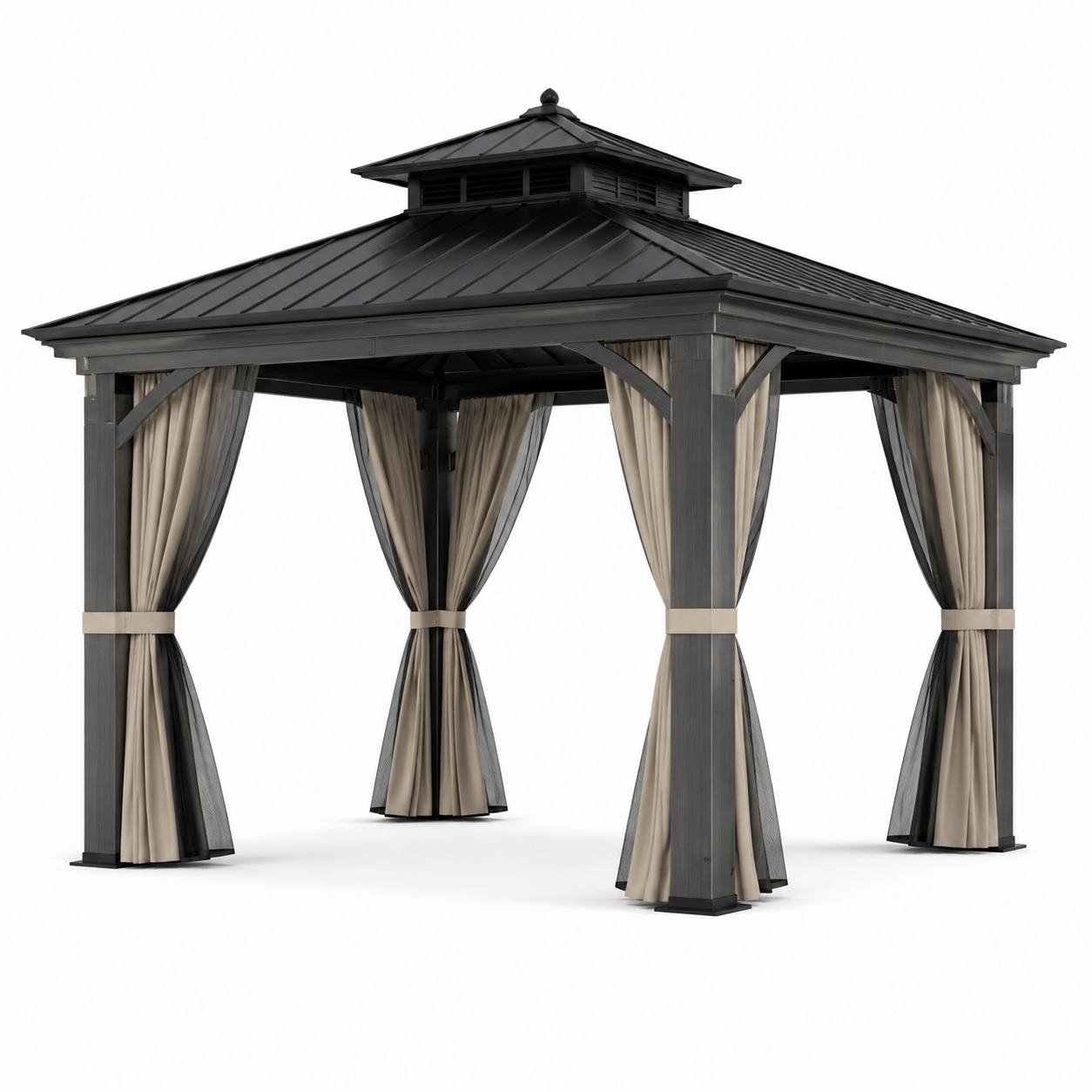 Metall-Gartenpavillon 300 x 300 x 280 cm in Anthrazit mit festem Dach, beigen Vorhängen und schwarzen Moskitonetzen