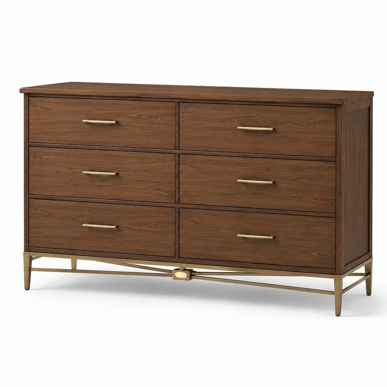 Moderne Kommode mit 6 Schubladen, 150 x 45 x 90 cm, Braun/Gold, Holzwerkstoff und Metall