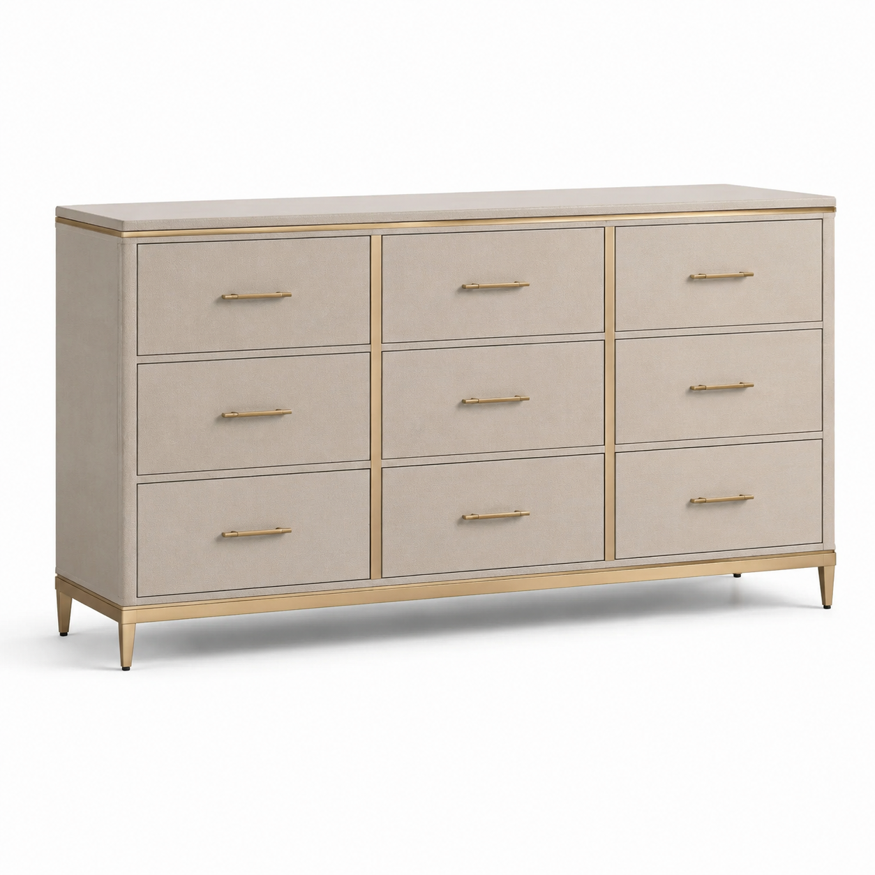 Moderne Kommode mit 9 Schubladen, 160 x 45 x 90 cm, Beige/Gold, aus Holzwerkstoff und Metall