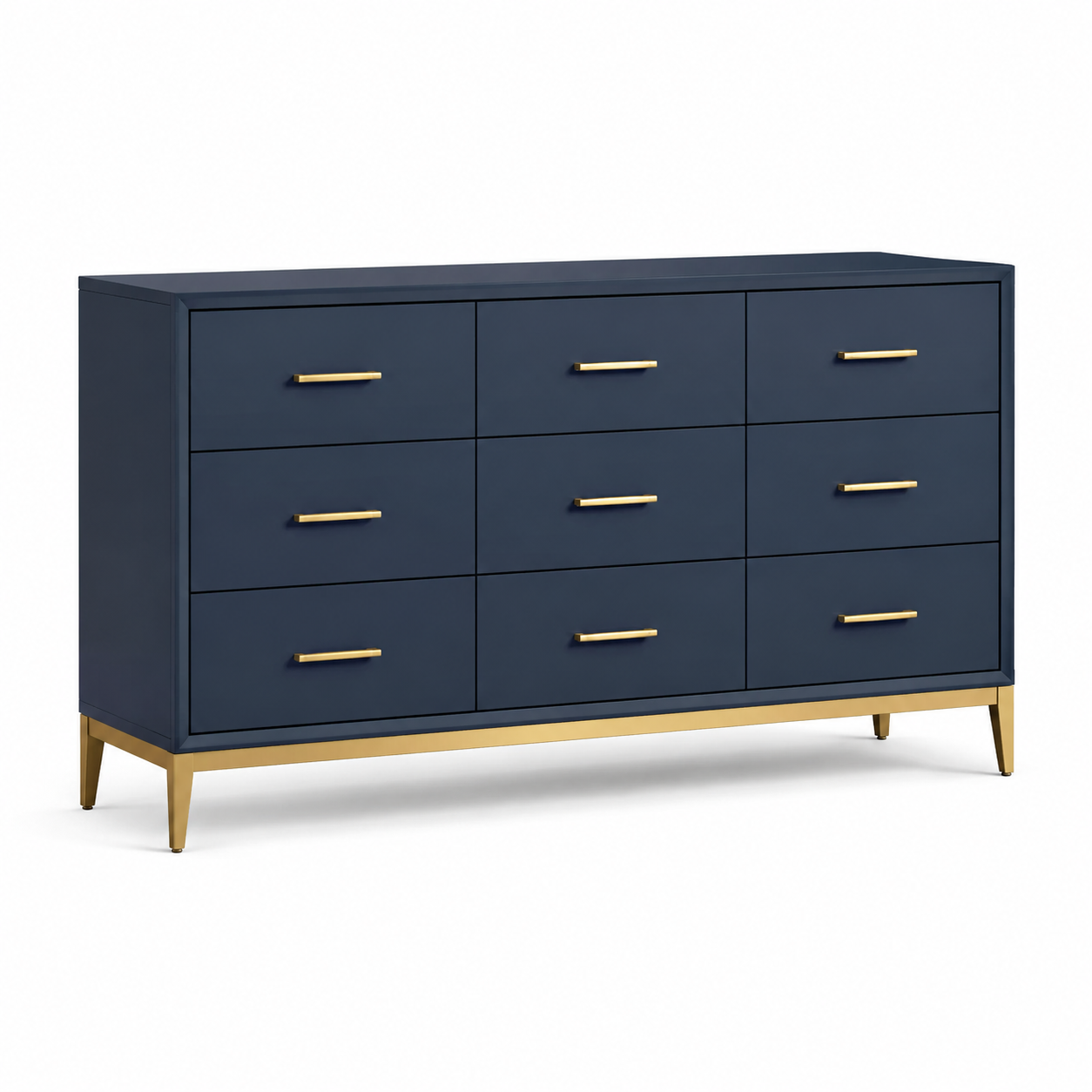 Kommode mit 9 Schubladen, 160 x 40 x 85 cm, Dunkelblau/Gold, aus Holzwerkstoff und Metall