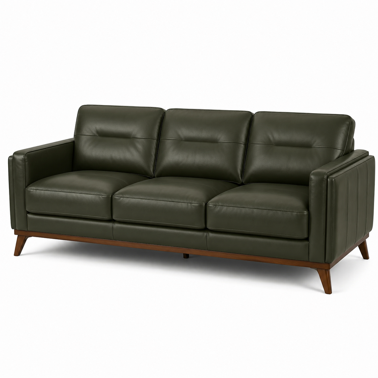 Modernes 3-Sitzer-Sofa aus Kunstleder in Dunkelgrün und Braun, 218 x 90 x 86 cm, mit Holzrahmen und Holzfüßen