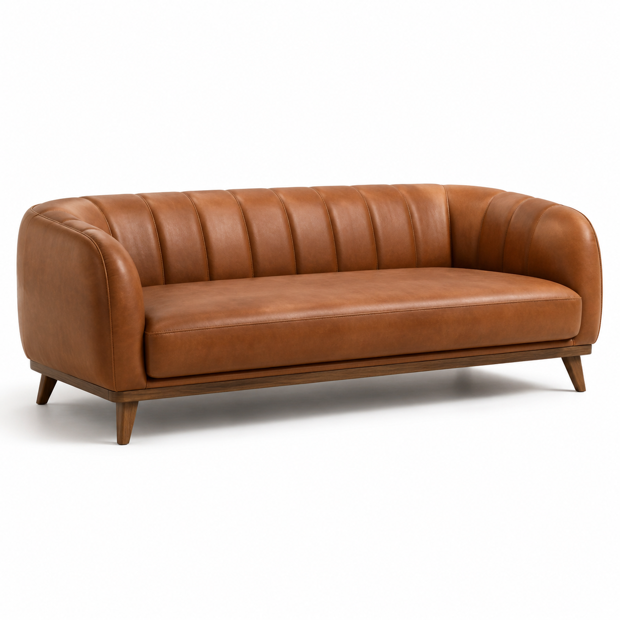 3-Sitzer-Sofa in Cognacbraun mit dunkelbraunem Holzgestell, 220 x 90 x 78 cm, Retro-Stil
