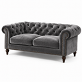 Chesterfield-Sofa für 2 Personen, 190 x 90 x 76 cm, grauer Samt, bronzefarbene Ziernägel und dunkelbraune Holzfüße