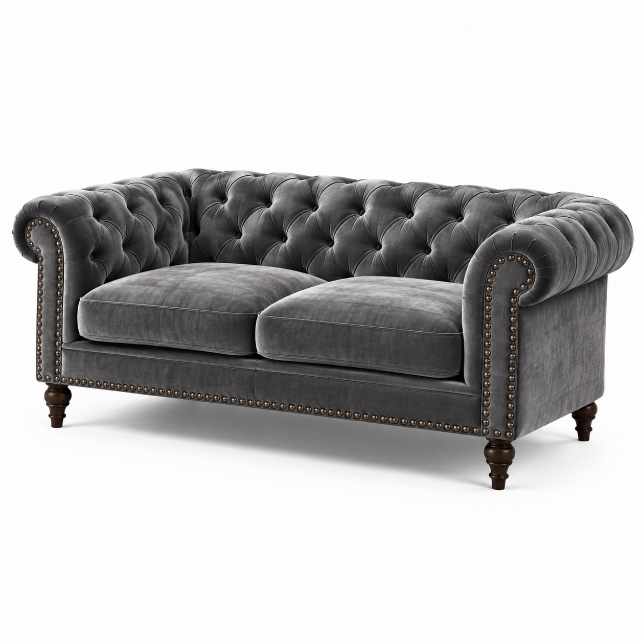 Chesterfield-Sofa für 2 Personen, 190 x 90 x 76 cm, grauer Samt, bronzefarbene Ziernägel und dunkelbraune Holzfüße