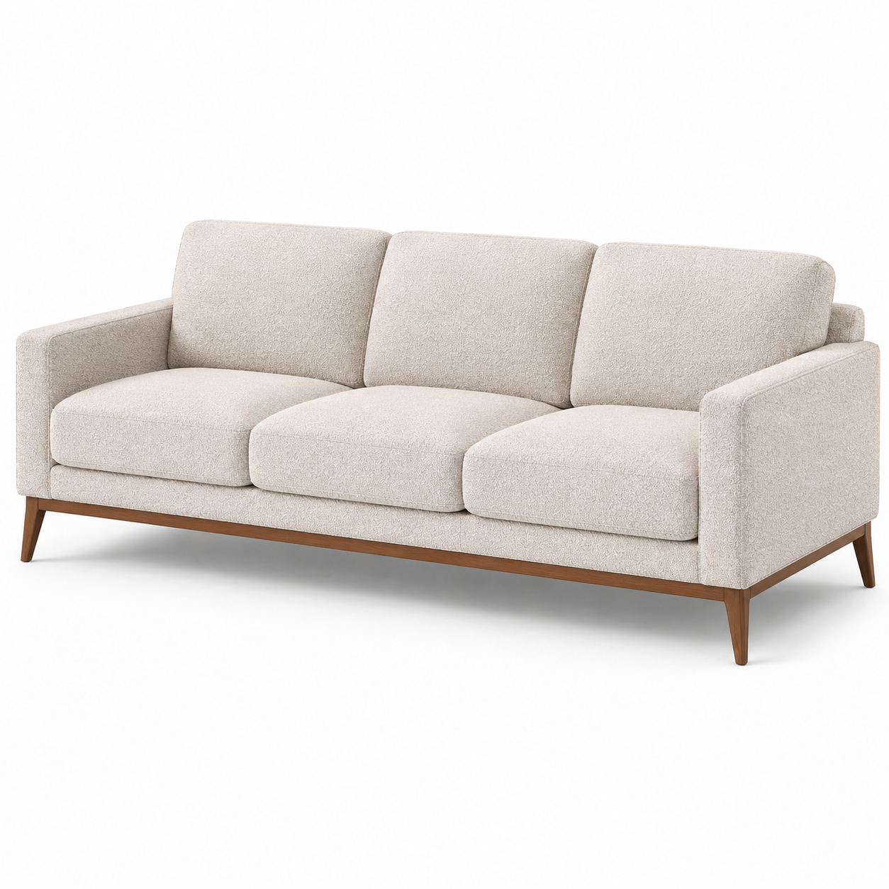 Modernes 3-Sitzer-Sofa aus Strukturstoff in Beige mit braunem Holzgestell, 220 x 90 x 82 cm