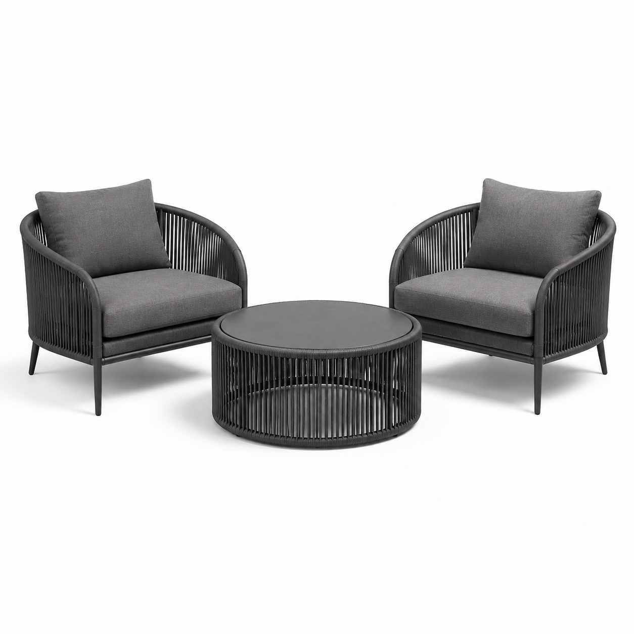 3-teiliges Gartenmöbel-Set mit 2 Polstersesseln 80 x 78 x 78 cm und rundem Tisch Ø 75 x 40 cm, Anthrazit/Grau