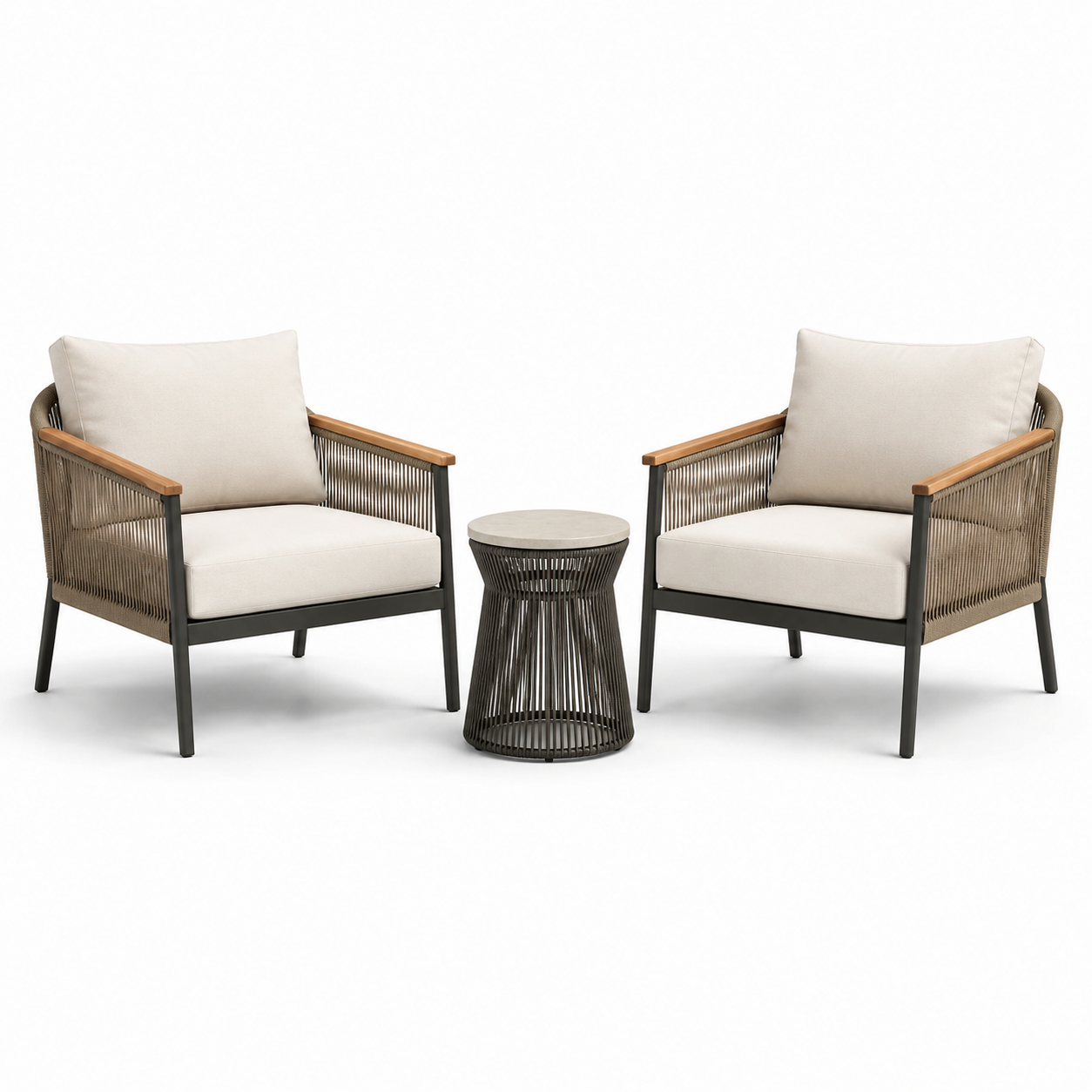 3-teiliges Gartenmöbelset mit 2 Gartensesseln 76 x 78 x 83 cm und Beistelltisch Ø 45 x 48 cm, Beige/Braun/Schwarz/Holzfarben
