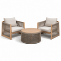 3-teiliges Gartenmöbel-Set aus Holz und Seilgeflecht – Beige, Taupe und Naturbraun – 2 Sessel à 76 x 75 x 76 cm und Tisch Ø 75 x 39 cm