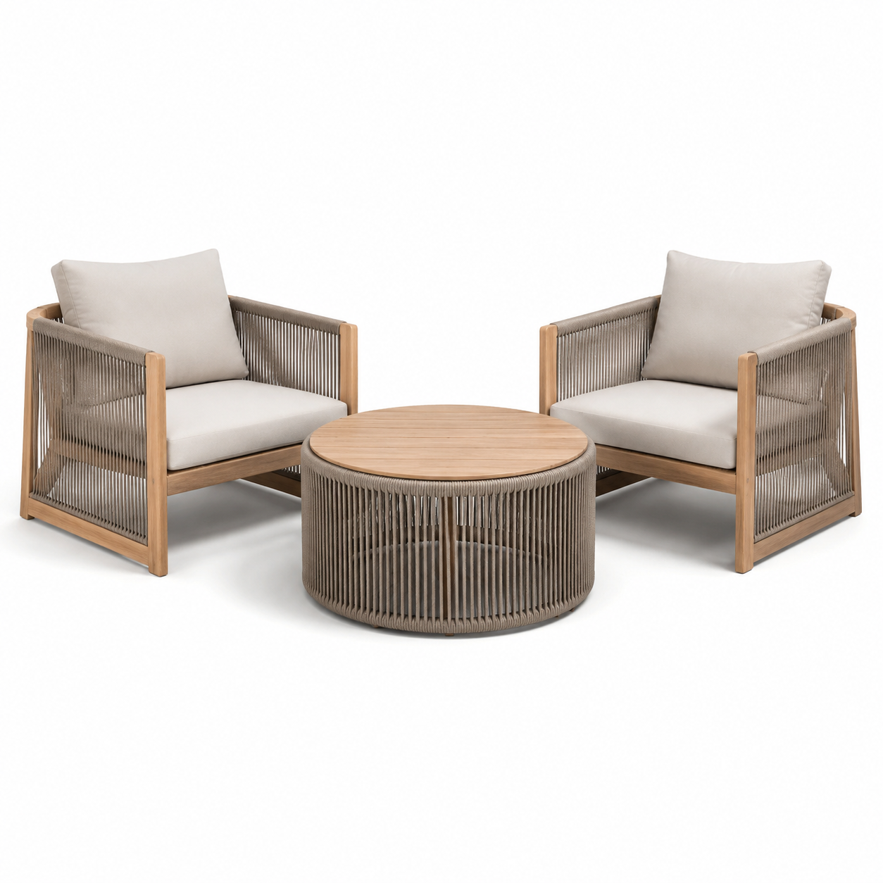 3-teiliges Gartenmöbel-Set aus Holz und Seilgeflecht – Beige, Taupe und Naturbraun – 2 Sessel à 76 x 75 x 76 cm und Tisch Ø 75 x 39 cm