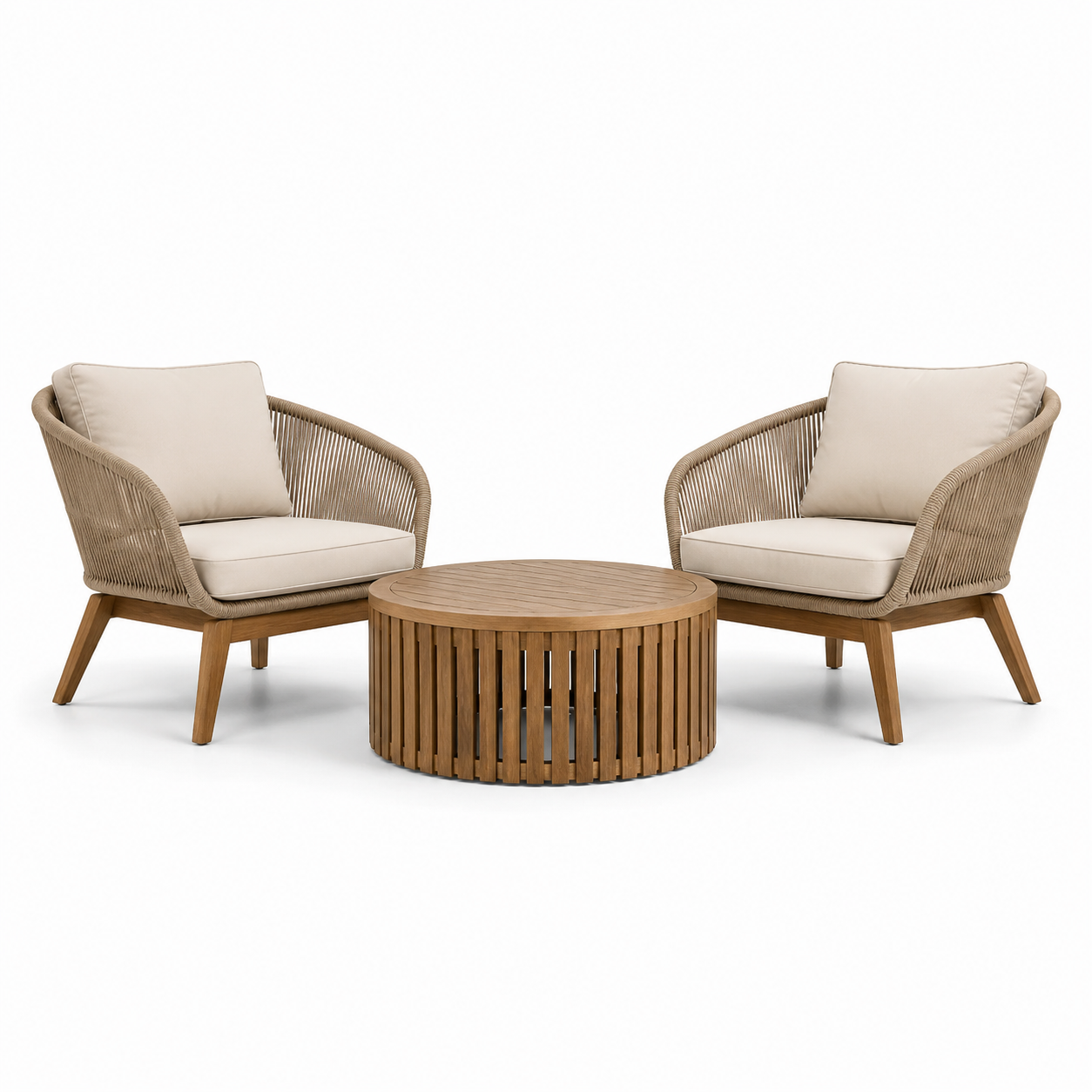 3-teiliges Gartenmöbel-Set aus Holz und Geflecht, Natur/Beige/Braun – 2 Sessel 82 x 78 x 78 cm und Tisch Ø 80 x 38 cm