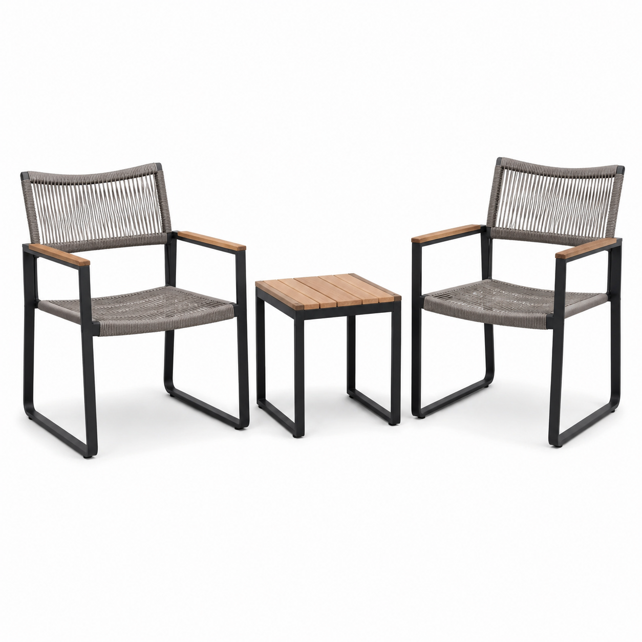 3-teiliges Gartenmöbel-Set mit 2 Stühlen 58 x 61 x 84 cm und Tisch 45 x 45 x 45 cm, Grau/Schwarz/Natur