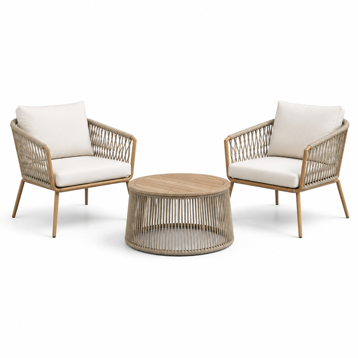 3-teiliges Gartenmöbel-Set mit 2 Sesseln 72 x 75 x 80 cm und rundem Tisch Ø 70 x 40 cm, Beige/Creme/Braun
