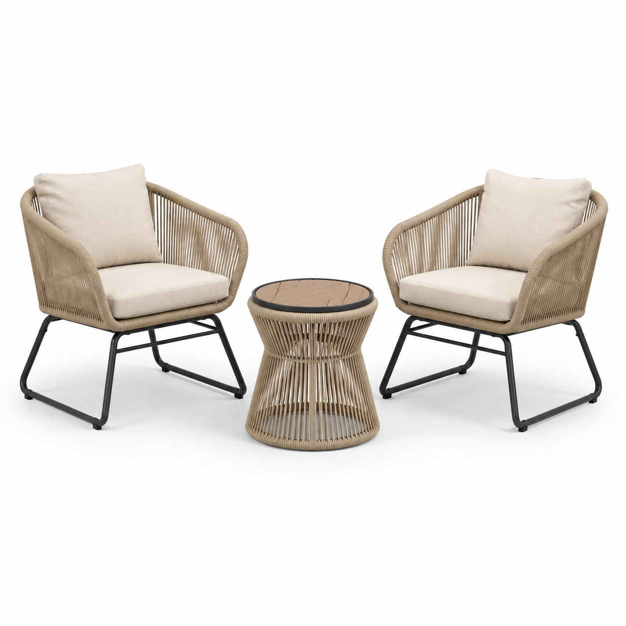 3-teilige Garten-Sitzgruppe mit 2 Sesseln à 72 x 74 x 78 cm und rundem Beistelltisch Ø 50 x 48 cm, Beige/Schwarz/Braun
