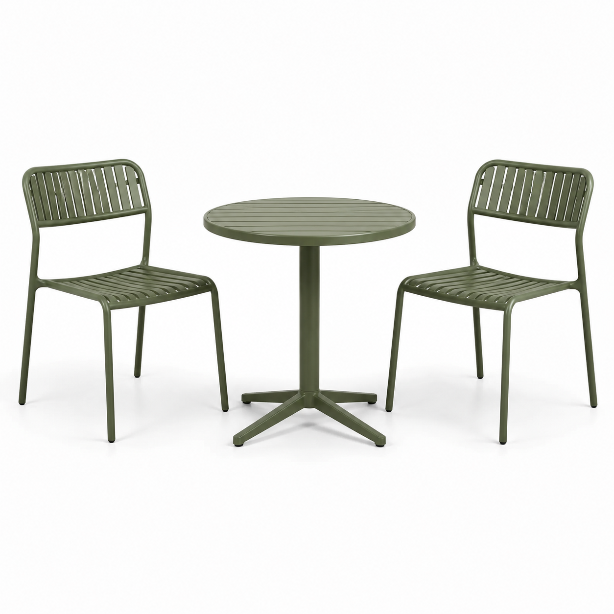 3-teiliges Gartenmöbel-Set in Olivgrün – Tisch Ø 70 x 74 cm und 2 Stühle 52 x 55 x 82 cm