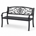 Schwarze Metall-Gartenbank für 2 Personen, 127 x 60 x 85 cm, mit verzierter Rückenlehne und Armlehnen
