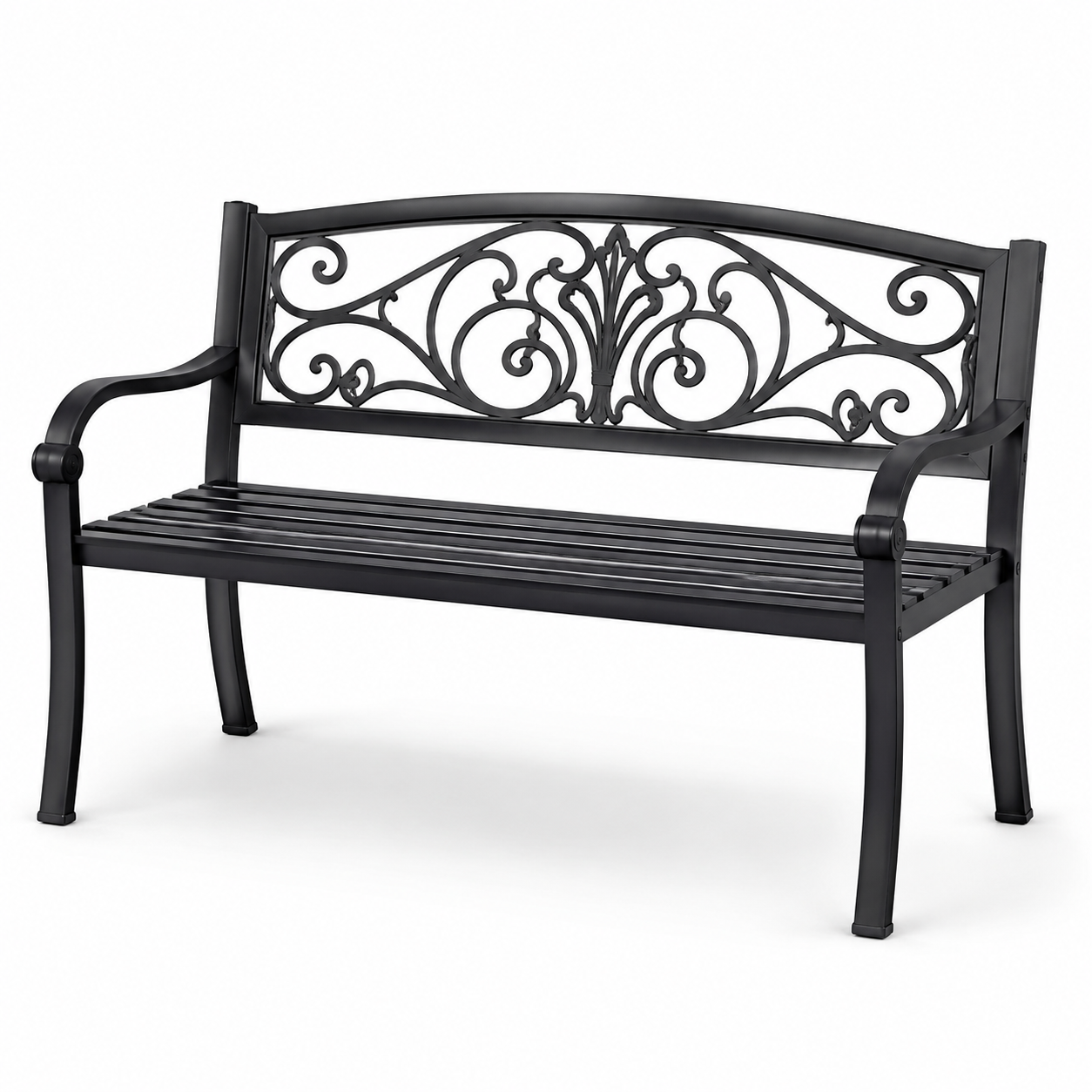 Schwarze Metall-Gartenbank für 2 Personen, 127 x 60 x 85 cm, mit verzierter Rückenlehne und Armlehnen