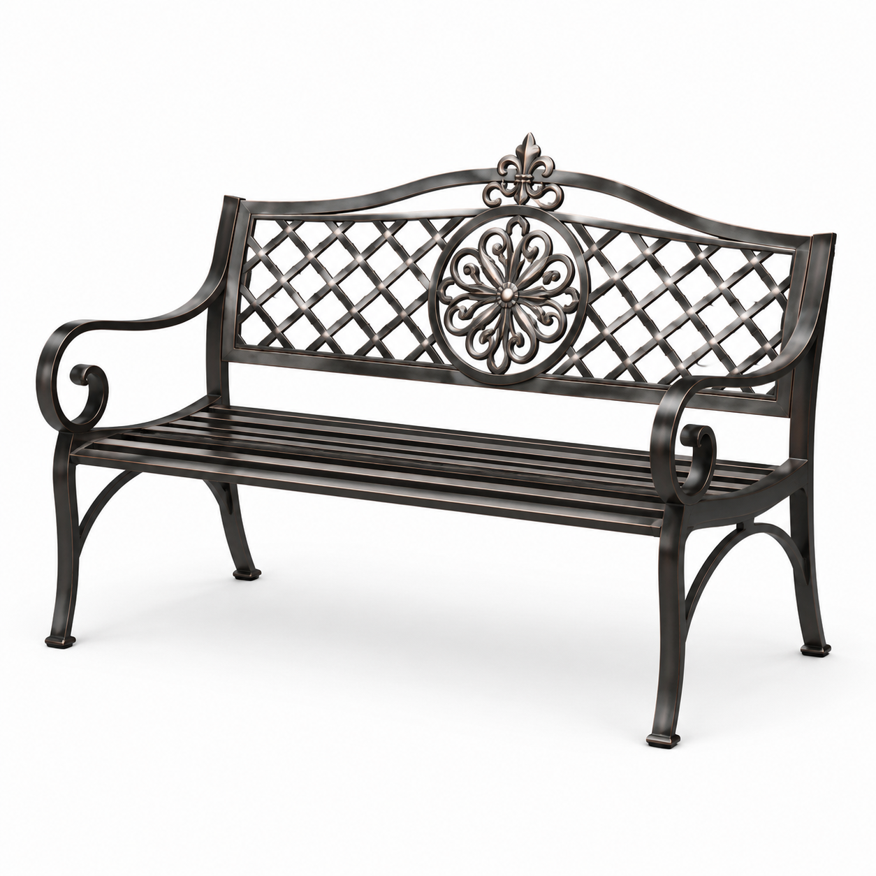 Gartenbank aus Metall mit floralen Ornamenten und Armlehnen, 127 x 60 x 90 cm, Schwarz/Bronze