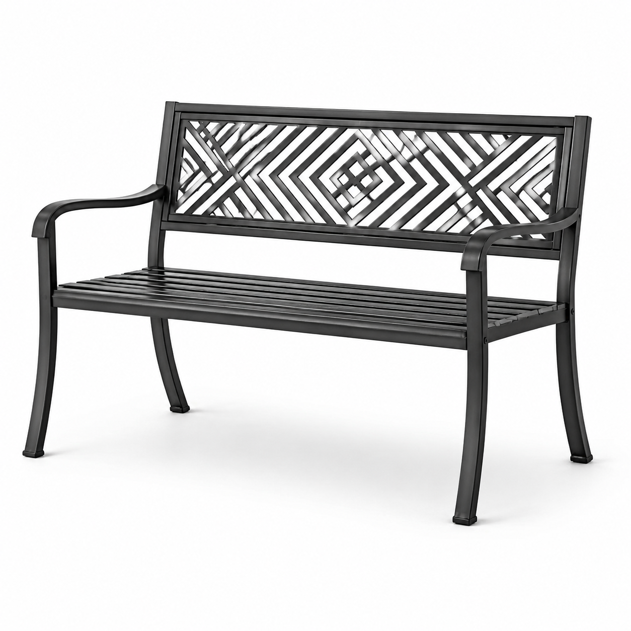 Schwarze Gartenbank aus Metall, 127 x 60 x 87 cm, Zweisitzer mit geometrischer Rückenlehne