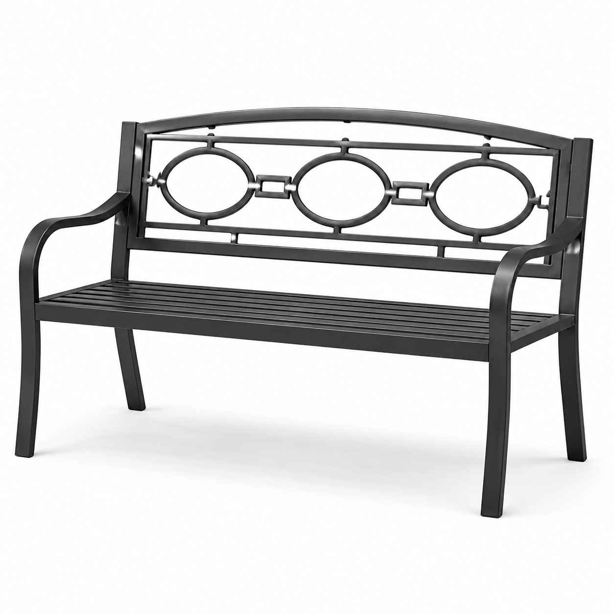 Schwarze Gartenbank aus Metall, 127 x 60 x 85 cm, Zweisitzer mit Armlehnen für Garten, Terrasse und Balkon