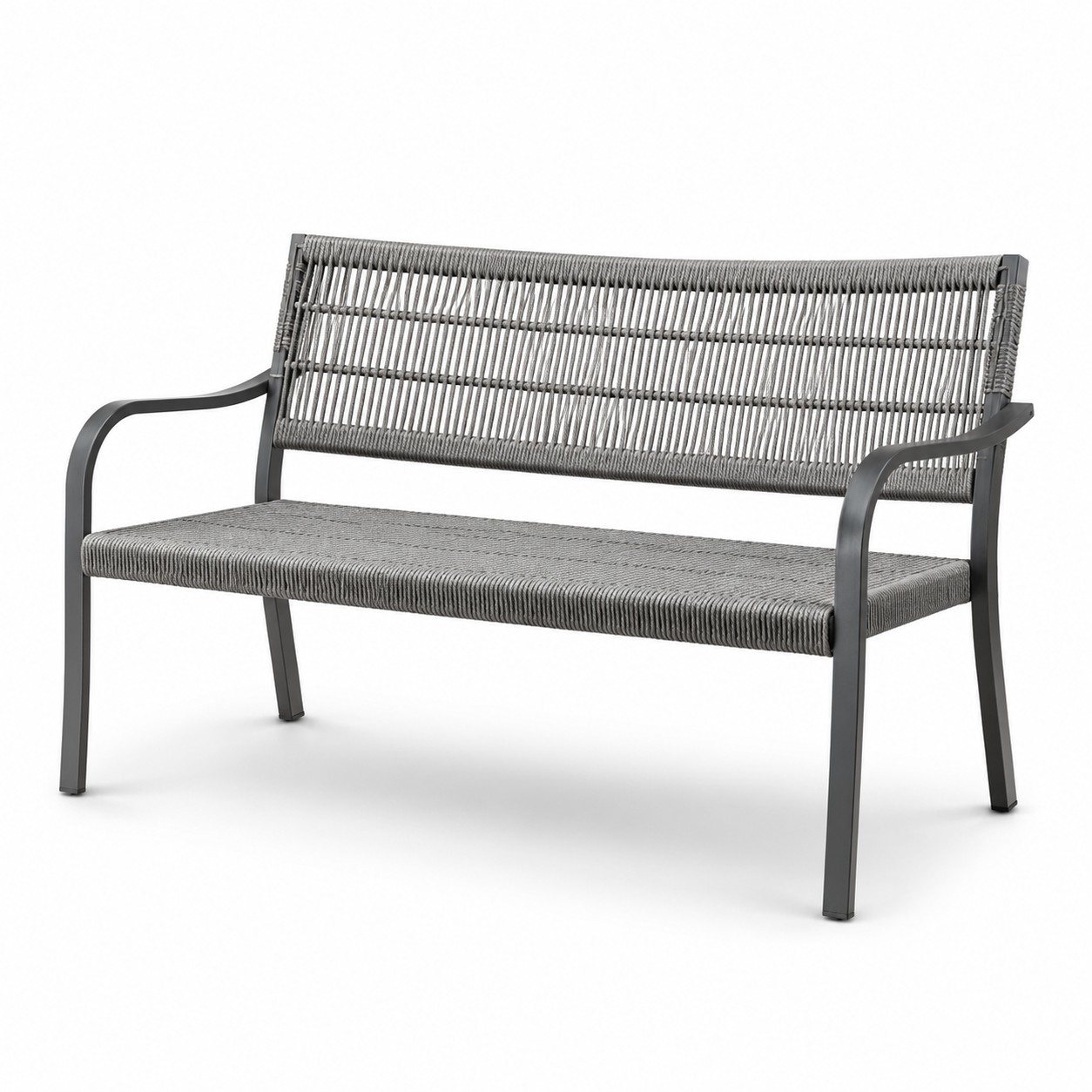 Moderne Gartenbank aus Metall und Seilgeflecht mit Armlehnen, Grau/Anthrazit, 150 x 60 x 86 cm