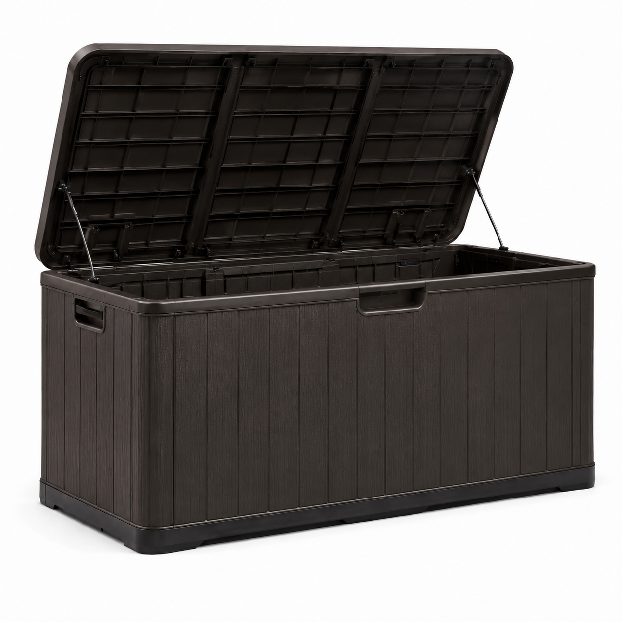 Garten-Aufbewahrungsbox aus Kunststoff in Holzoptik mit Klappdeckel, 150 x 70 x 80 cm, Dunkelbraun/Schwarz