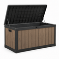 Garten-Aufbewahrungsbox aus Kunststoff in Holzoptik mit Klappdeckel, 120 x 55 x 62 cm, Braun/Schwarz