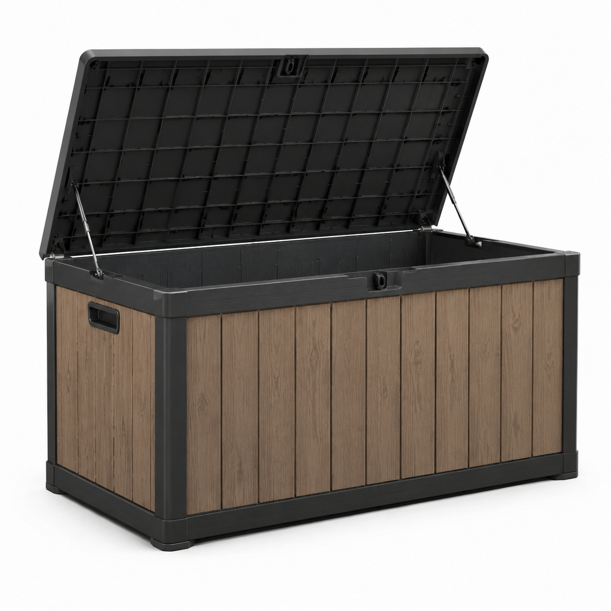 Garten-Aufbewahrungsbox aus Kunststoff in Holzoptik mit Klappdeckel, 120 x 55 x 62 cm, Braun/Schwarz