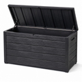 Garten-Aufbewahrungsbox in Schwarz, 122 x 56 x 61 cm, Kunststoff in Holzoptik mit Klappdeckel