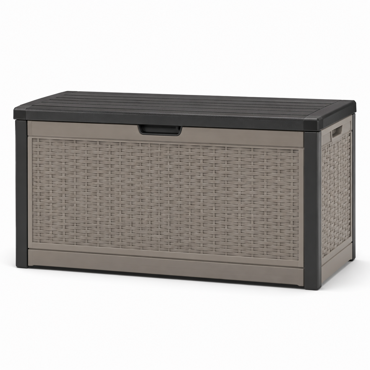 Garten-Aufbewahrungsbox mit Deckel und Rattanoptik, Taupe/Anthrazit, 120 x 56 x 63 cm
