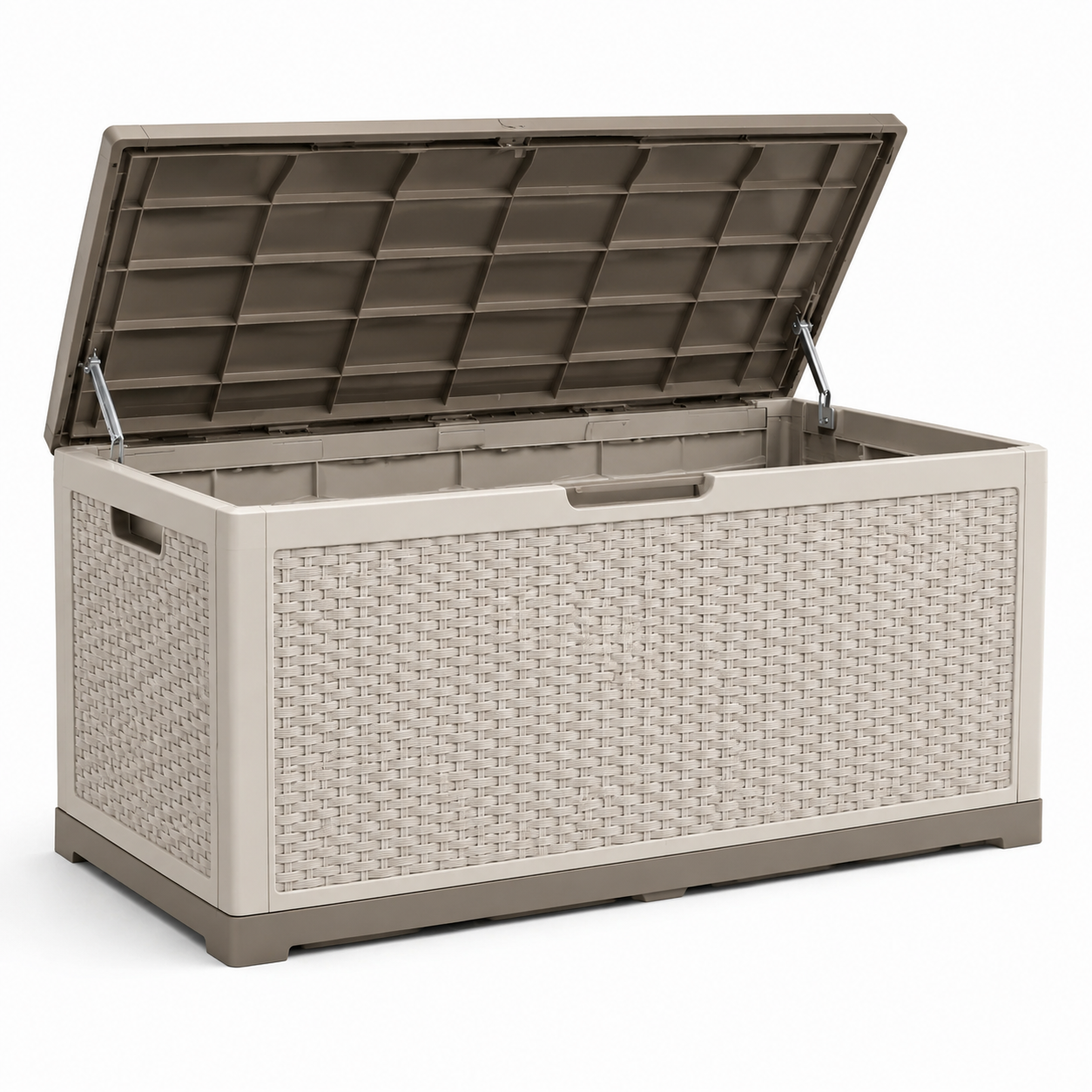 Auflagenbox aus Kunststoff in Beige/Taupe, 120 x 54 x 61 cm, Rattanoptik mit Klappdeckel