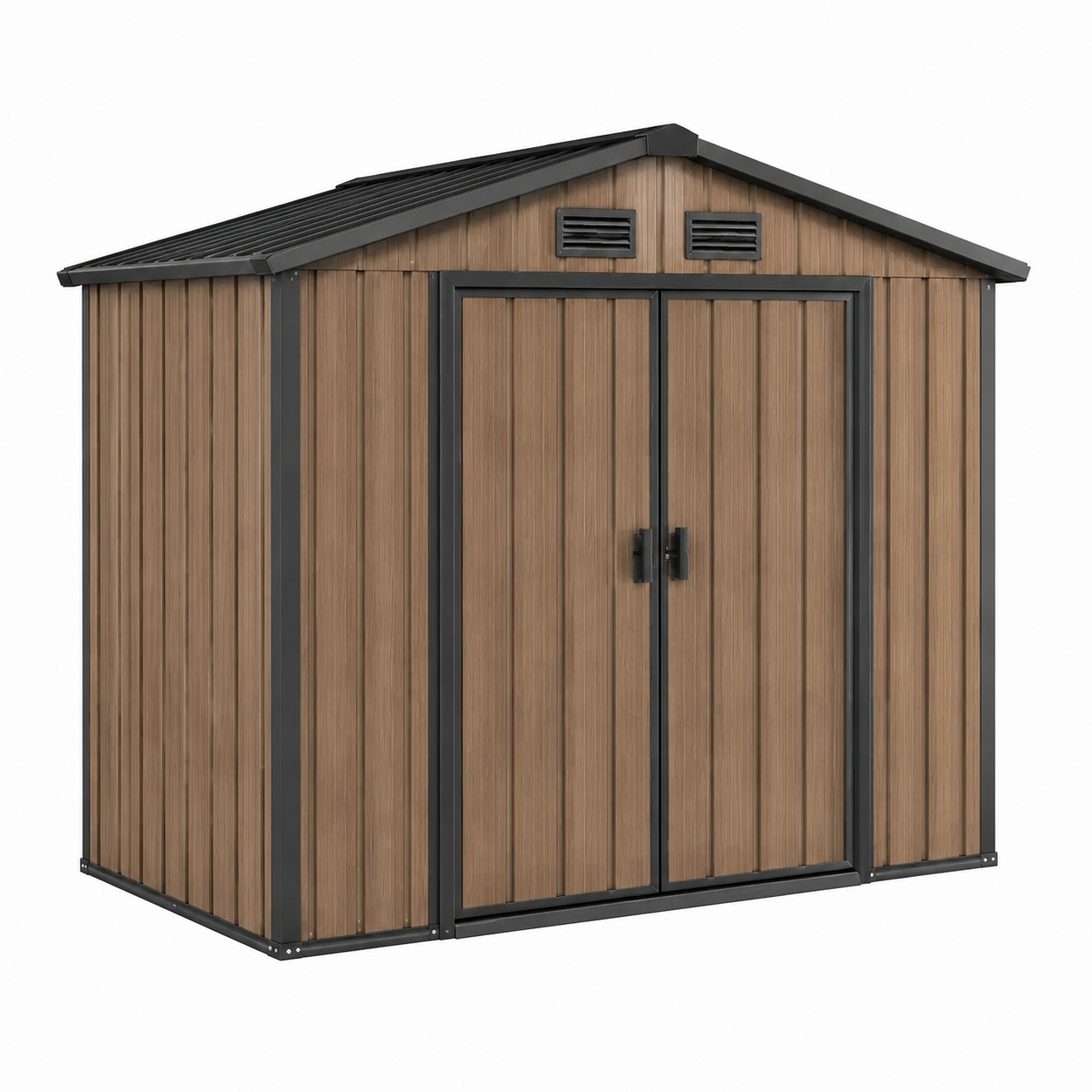 Metall-Gartenhaus 257 x 205 x 202 cm, Braun/Schwarz in Holzoptik, mit Doppeltür und Belüftung