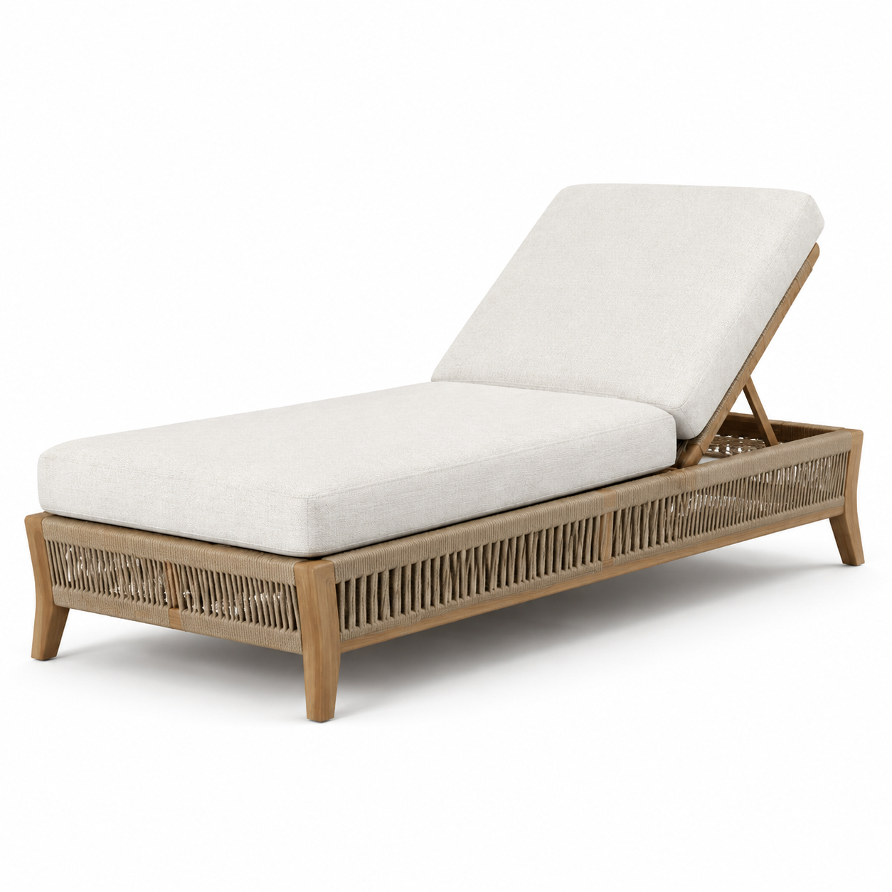 Gartenliege aus Holz mit Seilgeflecht und verstellbarer Rückenlehne, Creme/Natur/Braun, 200 x 75 x 92 cm