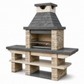 Garten-Grillkamin in Steinoptik mit Grillrost und Ablagen, Beige/Anthrazit, 180 x 60 x 220 cm