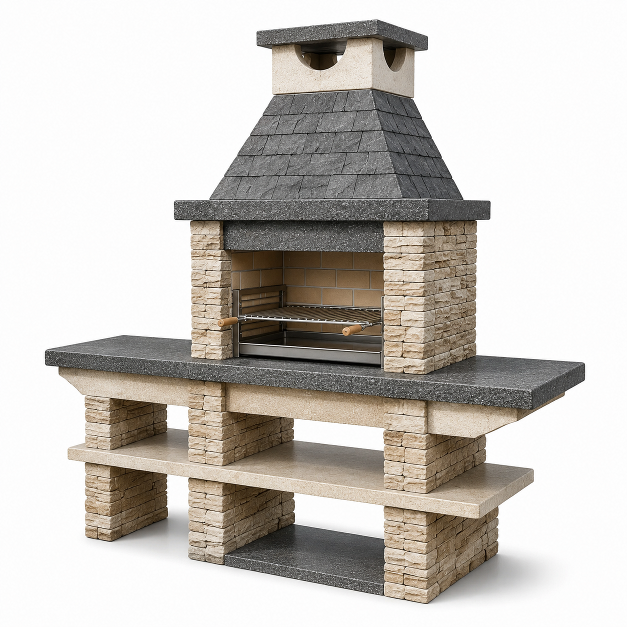 Garten-Grillkamin in Steinoptik mit Grillrost und Ablagen, Beige/Anthrazit, 180 x 60 x 220 cm