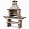 Gartenkamin aus Stein und Metall mit Grillrost, Auffangschale und Ablage, Beige/Grau/Braun/Schwarz, 180 x 70 x 230 cm