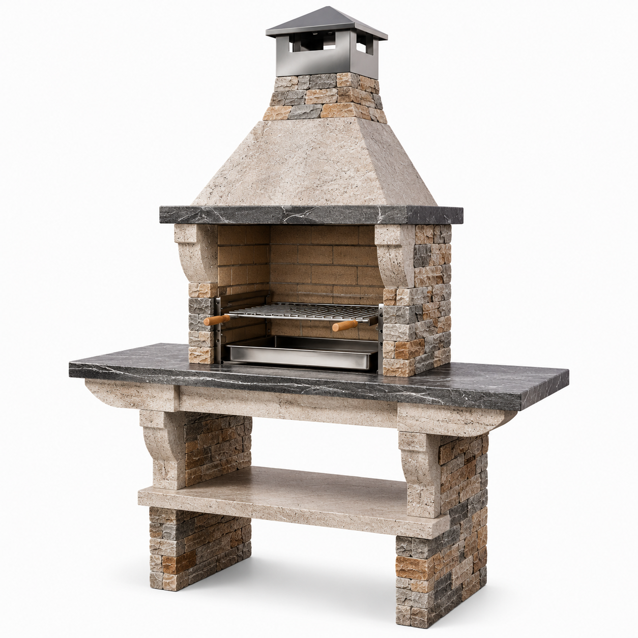 Gartenkamin aus Stein und Metall mit Grillrost, Auffangschale und Ablage, Beige/Grau/Braun/Schwarz, 180 x 70 x 230 cm
