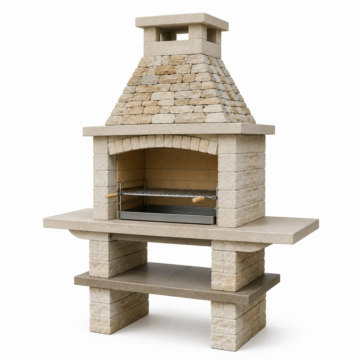 Grillkamin in rustikaler Steinoptik, Beige/Braun/Silber, 160 x 70 x 230 cm, mit höhenverstellbarem Grillrost