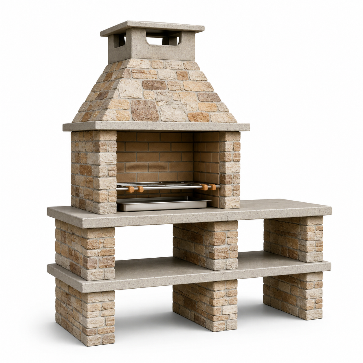 Freistehender Gartengrill mit Kamin und Ablageflächen, 160 x 70 x 210 cm, Beige/Braun/Grau