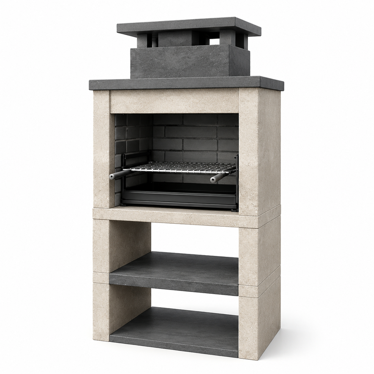 Grillkamin aus Beton und Stahl mit Grillrost und zwei Ablagefächern, 90 x 58 x 190 cm, Beige/Anthrazit/Schwarz