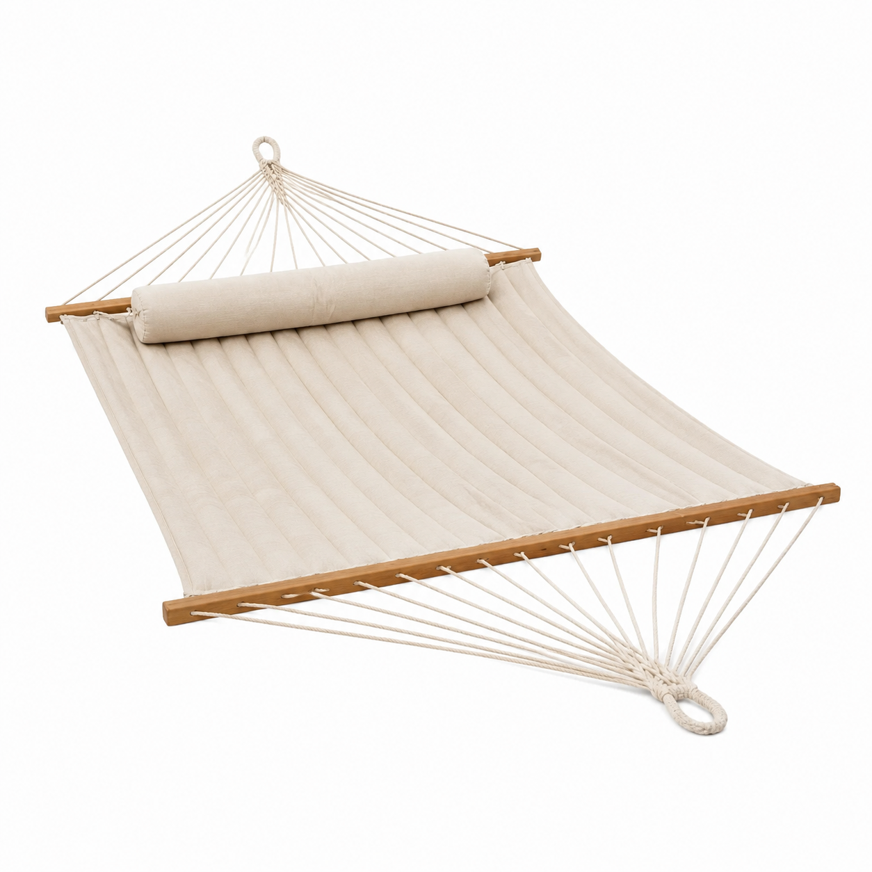 Gepolsterte Doppel-Hängematte mit Holzstäben, Beige/Naturbraun, 300 x – HOMEBUILDERX
