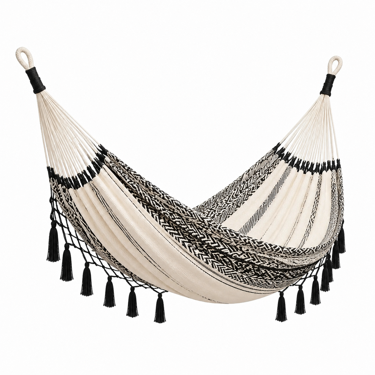 Boho-Hängematte aus Baumwollmischgewebe mit Quasten, 300 x 150 x 1 cm, Creme/Schwarz
