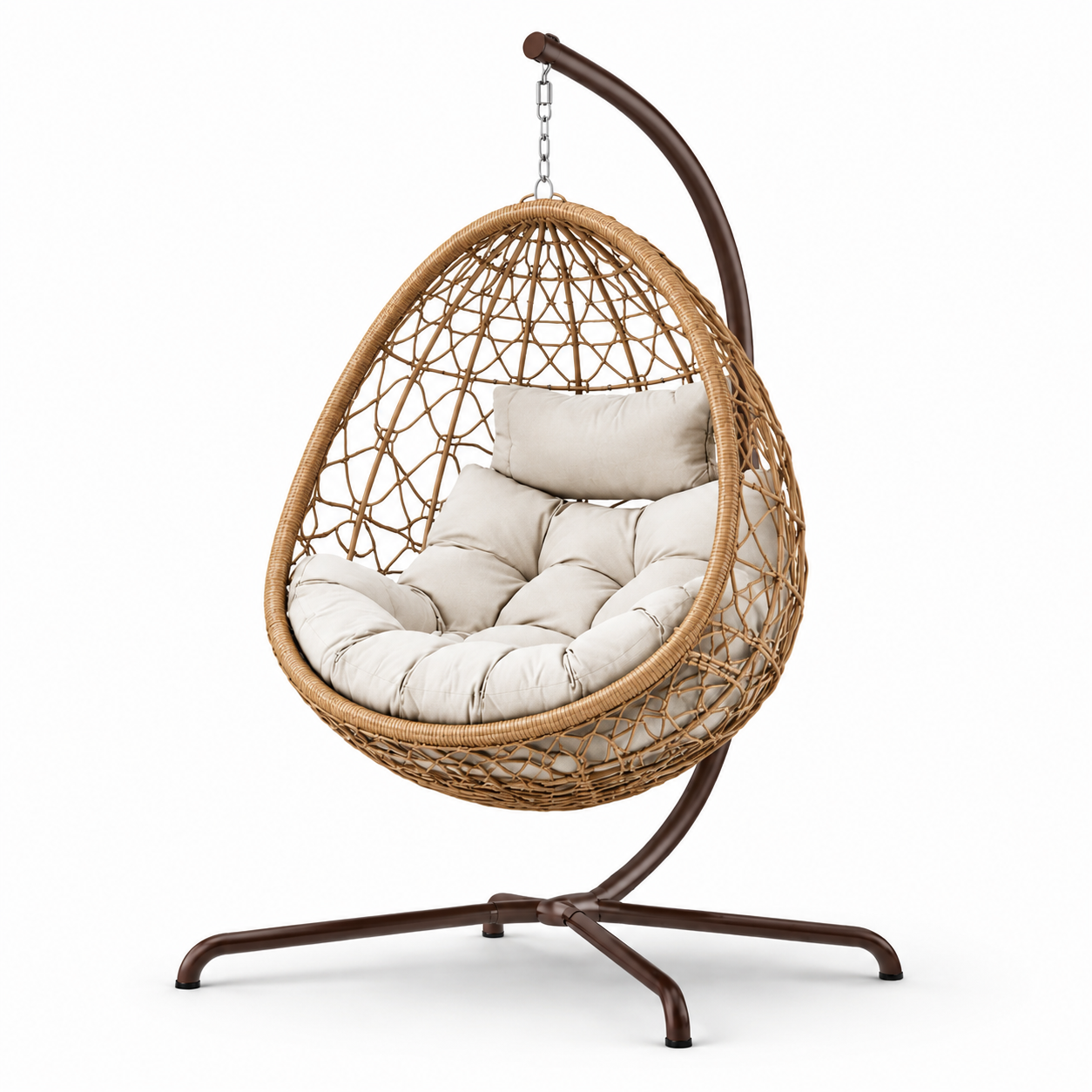 Freistehender Hängesessel mit Gestell, 120 x 105 x 195 cm, Stahl und Geflecht, Braun/Beige